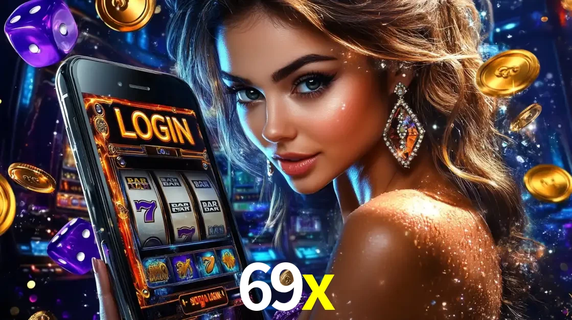 Mulher glamorosa segurando um smartphone com a tela de login para os jogos de caça-níqueis do cassino online 69x, com moedas de ouro e dados ao redor.