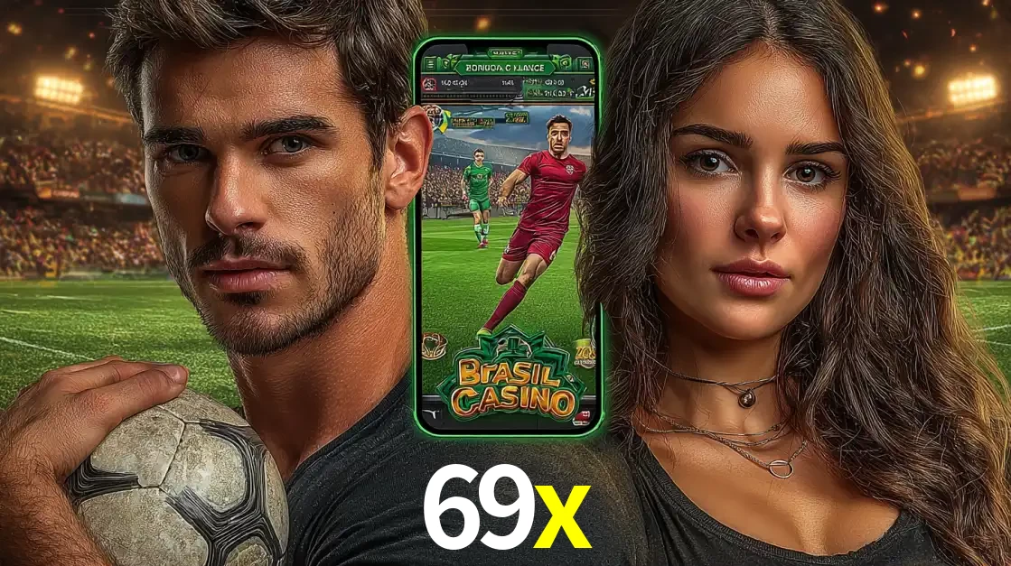 Homem segurando uma bola de futebol e uma mulher ao lado de um smartphone exibindo o jogo de apostas esportivas da 69x. Faça seu palpite no cassino online.